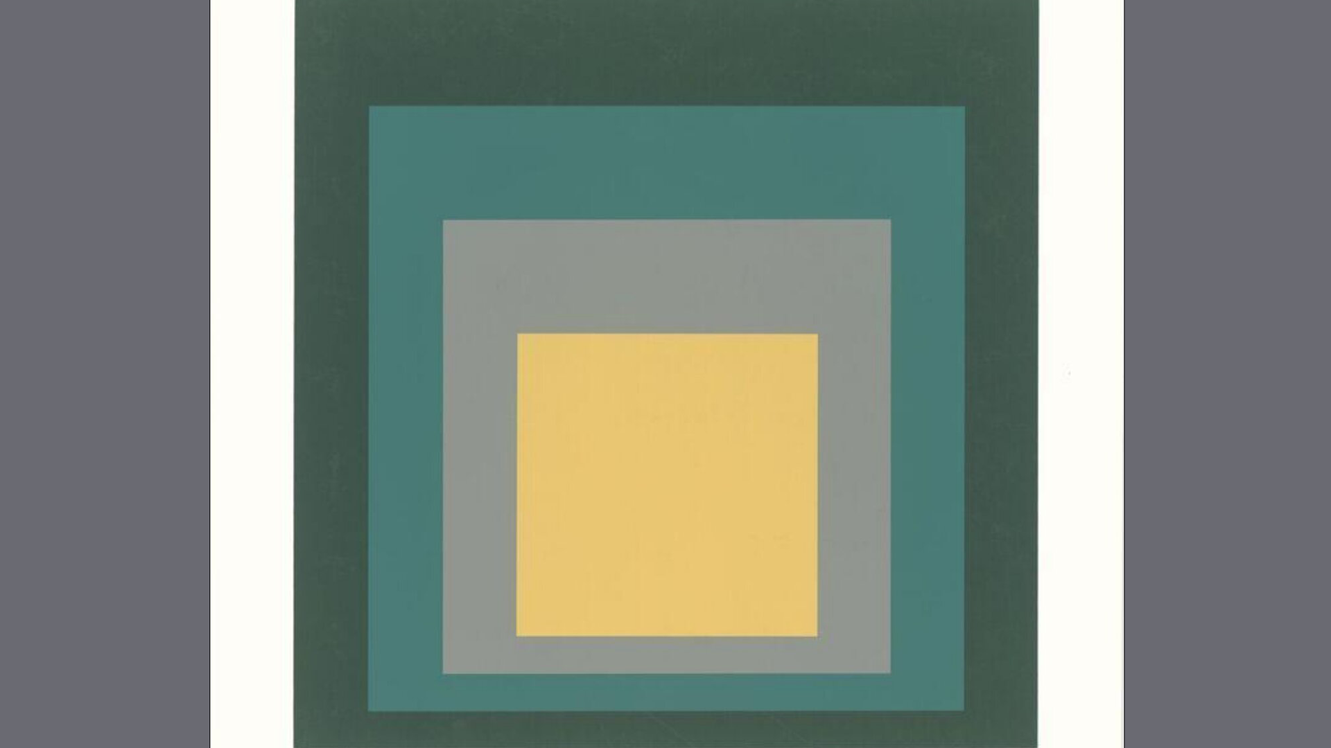 An image of a silkscreen print with squares in green, grey and yellow.