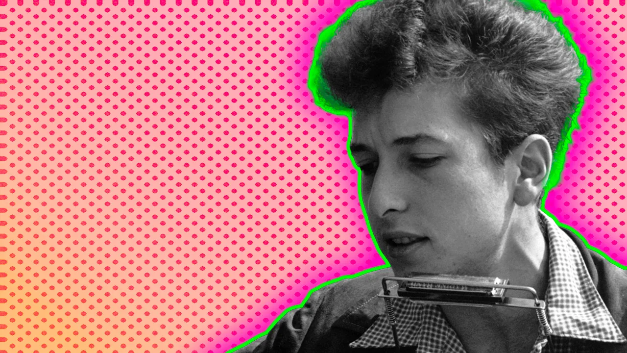 A photo of Bob Dylan against a pink dotted background with a green and pink halo.