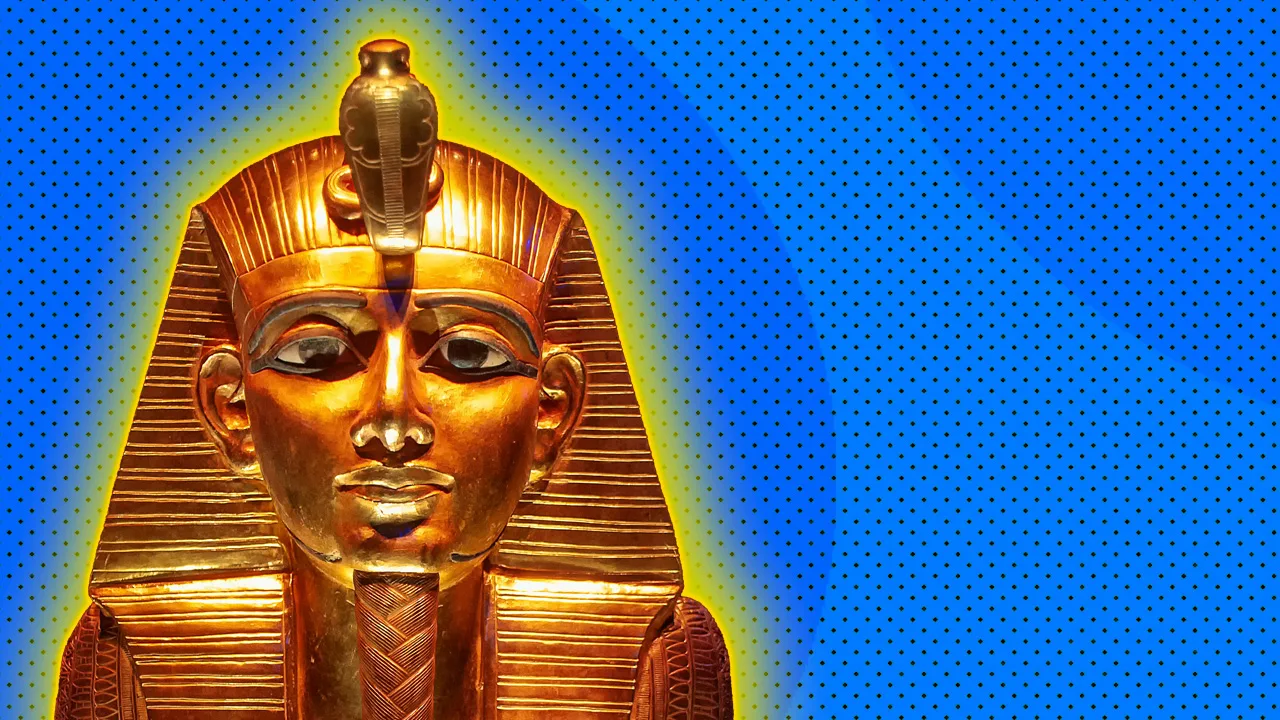 A photo of a Tutankhamun sculpture in bright gold against a blue dotted background with a yellow halo.