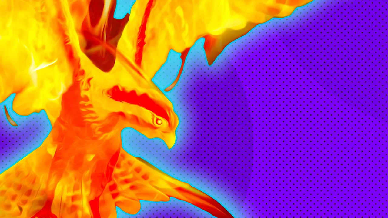 An image of the mythical bird the Phoenix which is a bird made out of flame flying in the air against a purple dotted background with a blue halo.