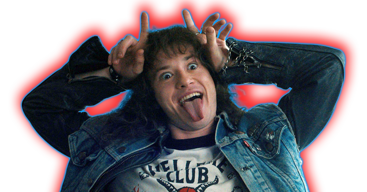 A photo of the character Eddie Munson from Stranger Things doing the devil sign with a red halo.