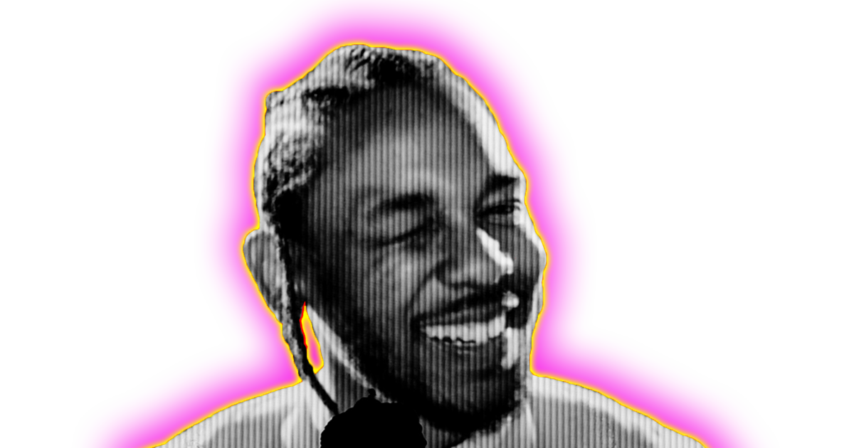 A black and white photo of the singer Kendrick Lamaar giving a wink to the viewer with a big smile. He has a pink and yellow halo around his head.