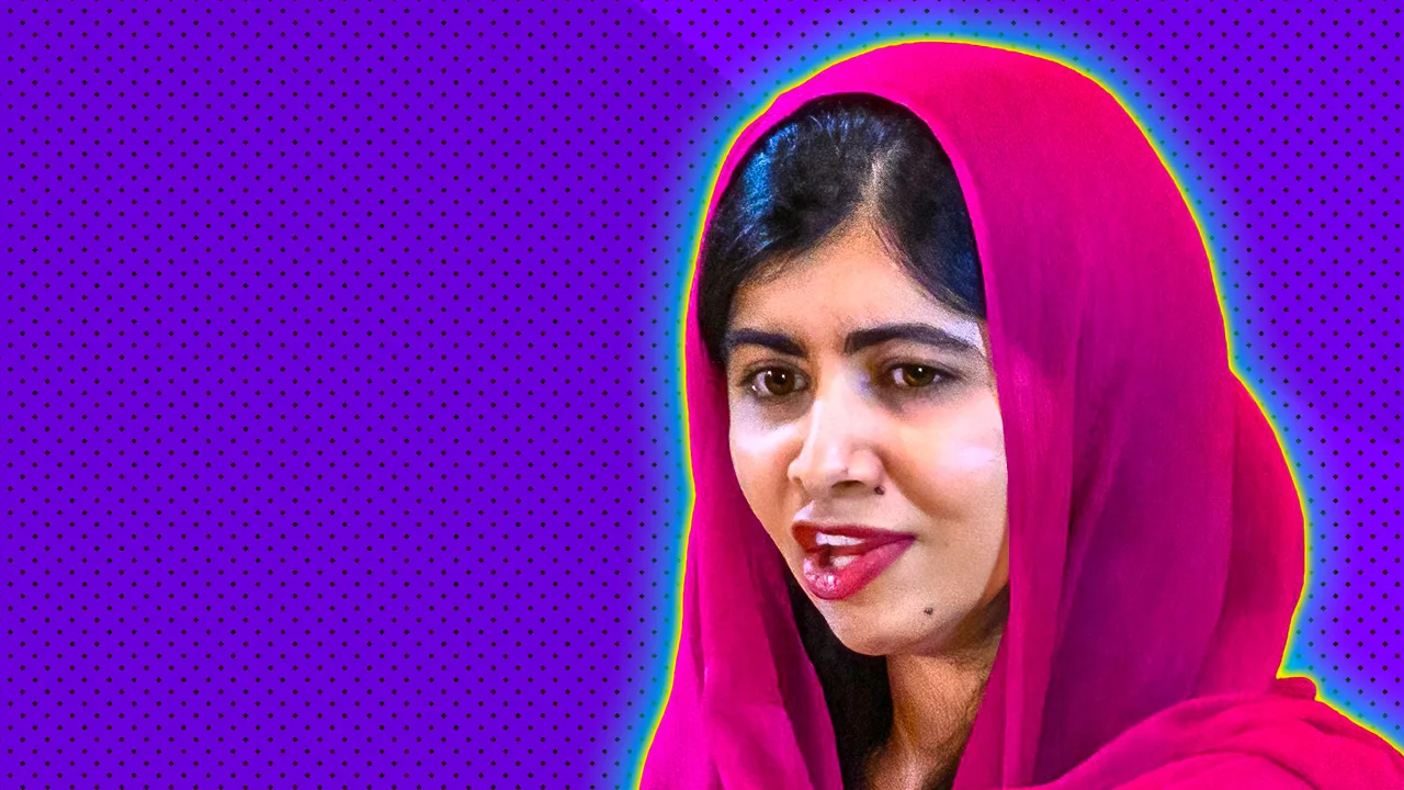 An image of Malala Yousafzai wearing a pink headdress against a purple dotted background with a blue halo.