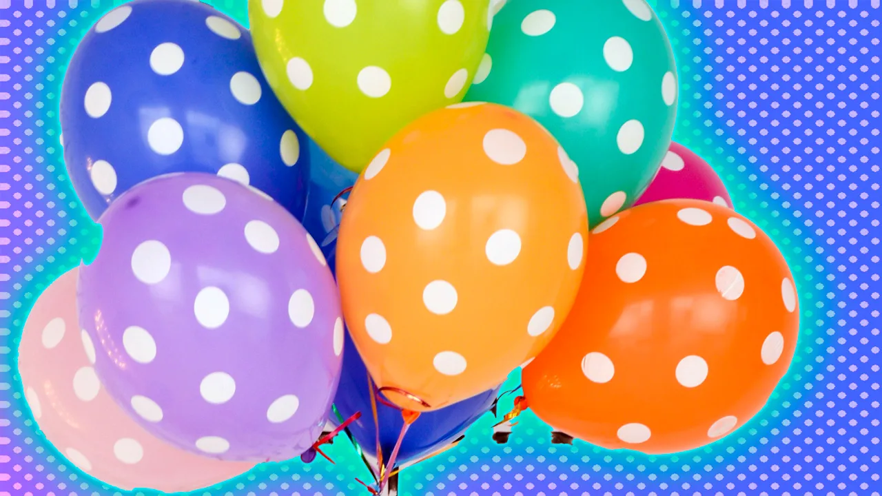 An image of colourful polka dot balloons of orange, purple, green and blues against a purple dotted background with a blue halo.