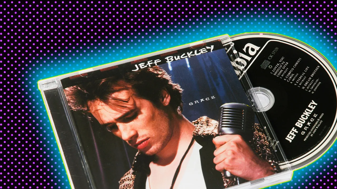 A photo of the Jeff Buckley album Grace on CD against a purple and black dotted background with a blue halo.