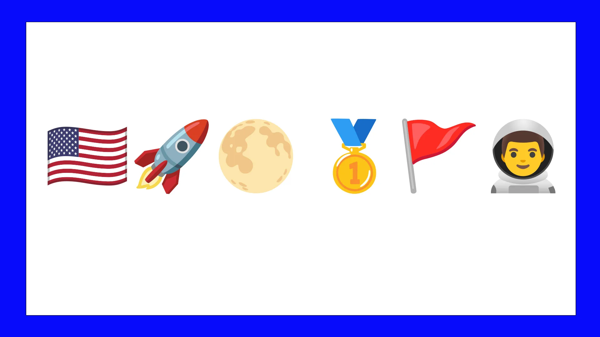 An image of some emojis showing a US flag, a rocket, the moon, a medal, a red flag and an astronaut against a white background with a blue border.