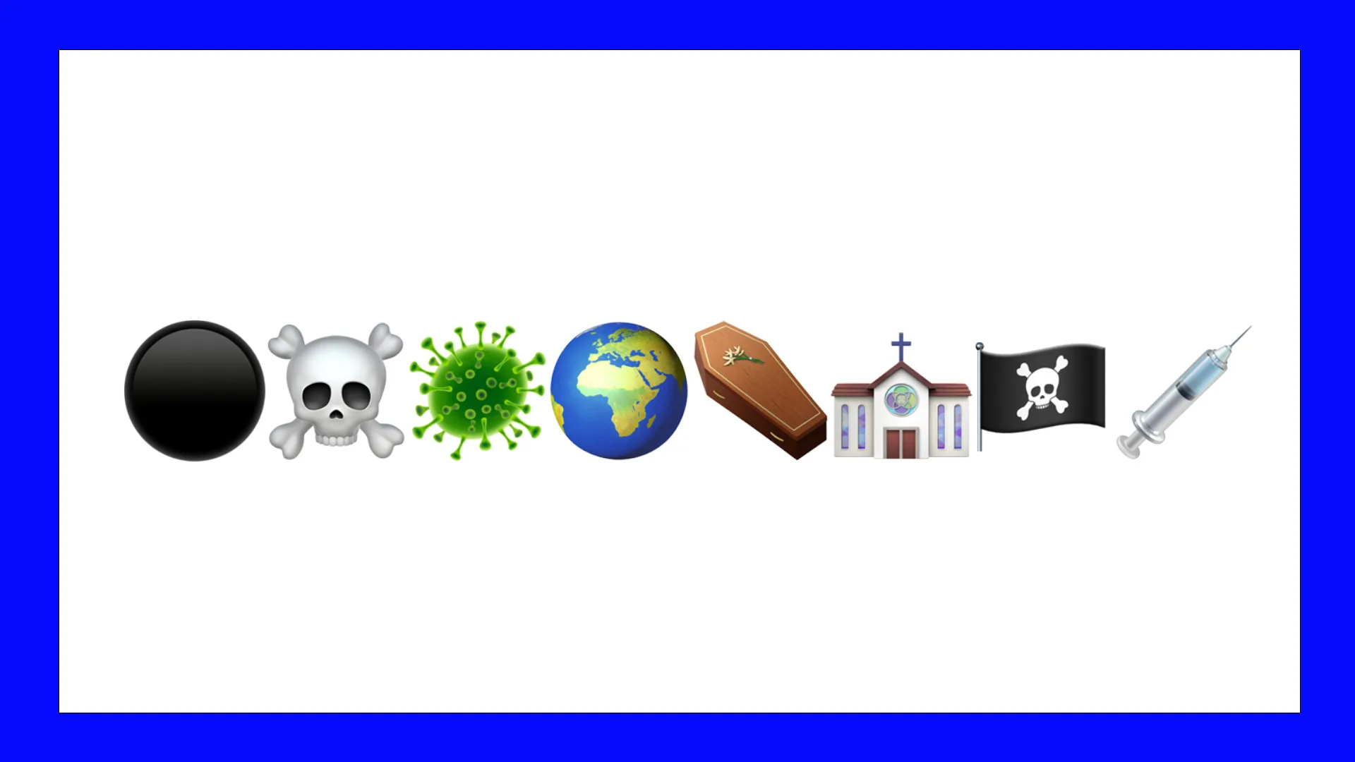 An image showing eight emojis - a black circle, a skull, a virus particle, earth, a coffin, a hospital, a pirate flag and an injection against a white background with blue borders.