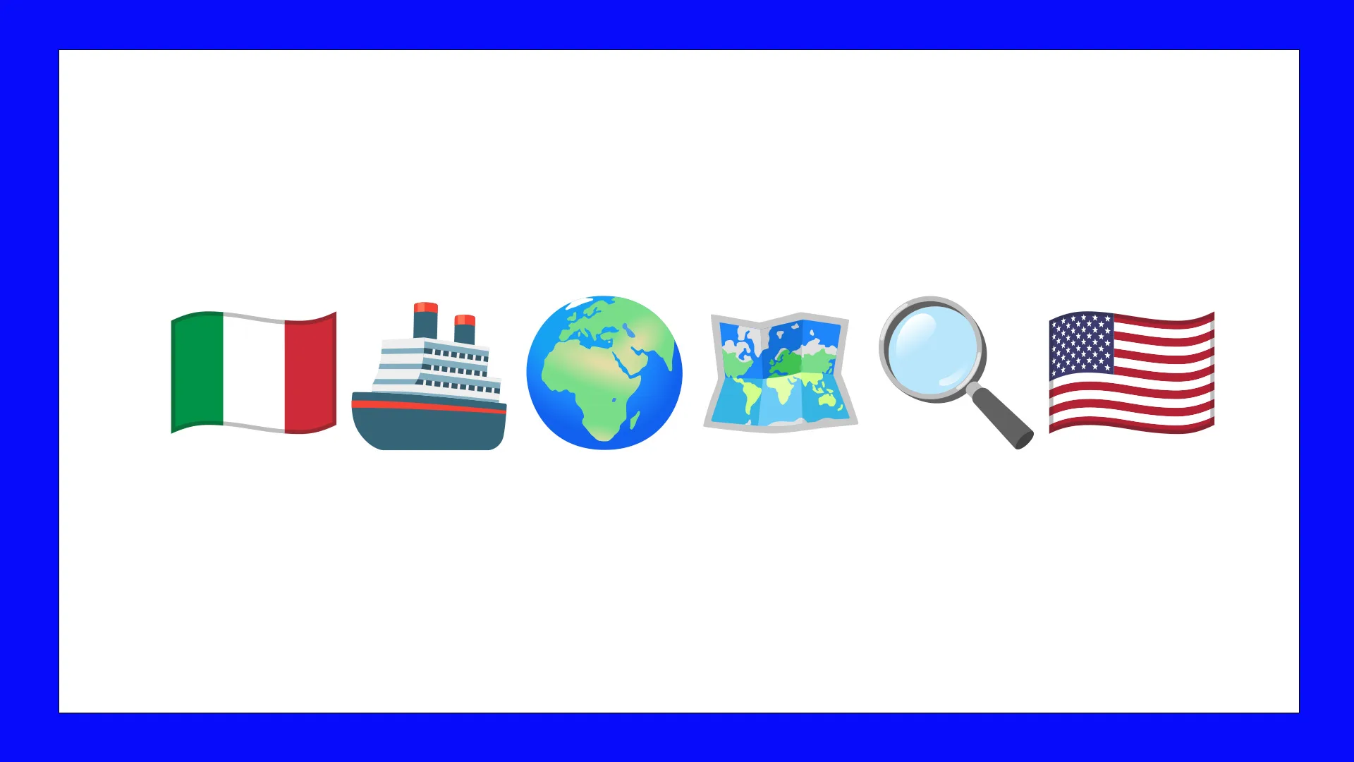 An image of five emojis showing the Italian flag, a ship, earth, a map, a magnifying glass and American flag against a white background with blue borders.