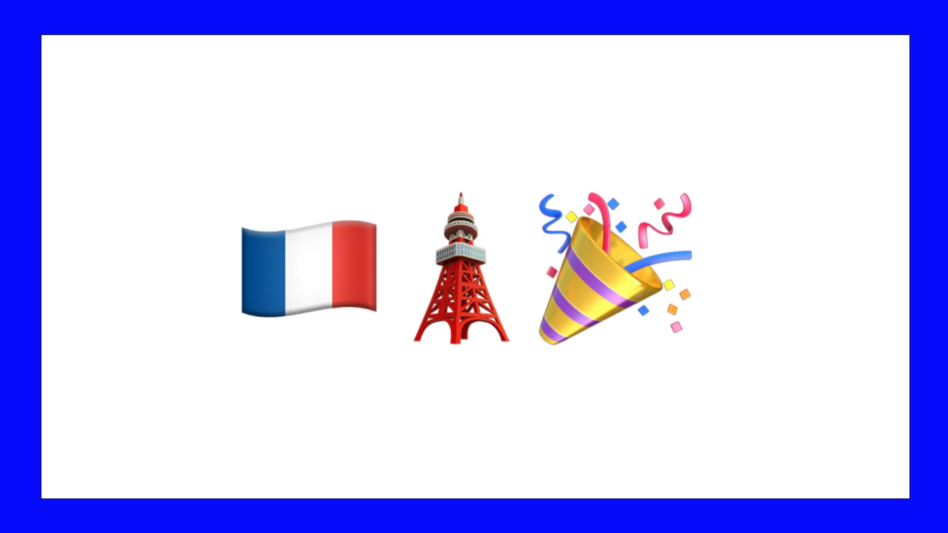 An image of three emojis showing the French flag, a tower and a celebration popper against a white background with a blue border.