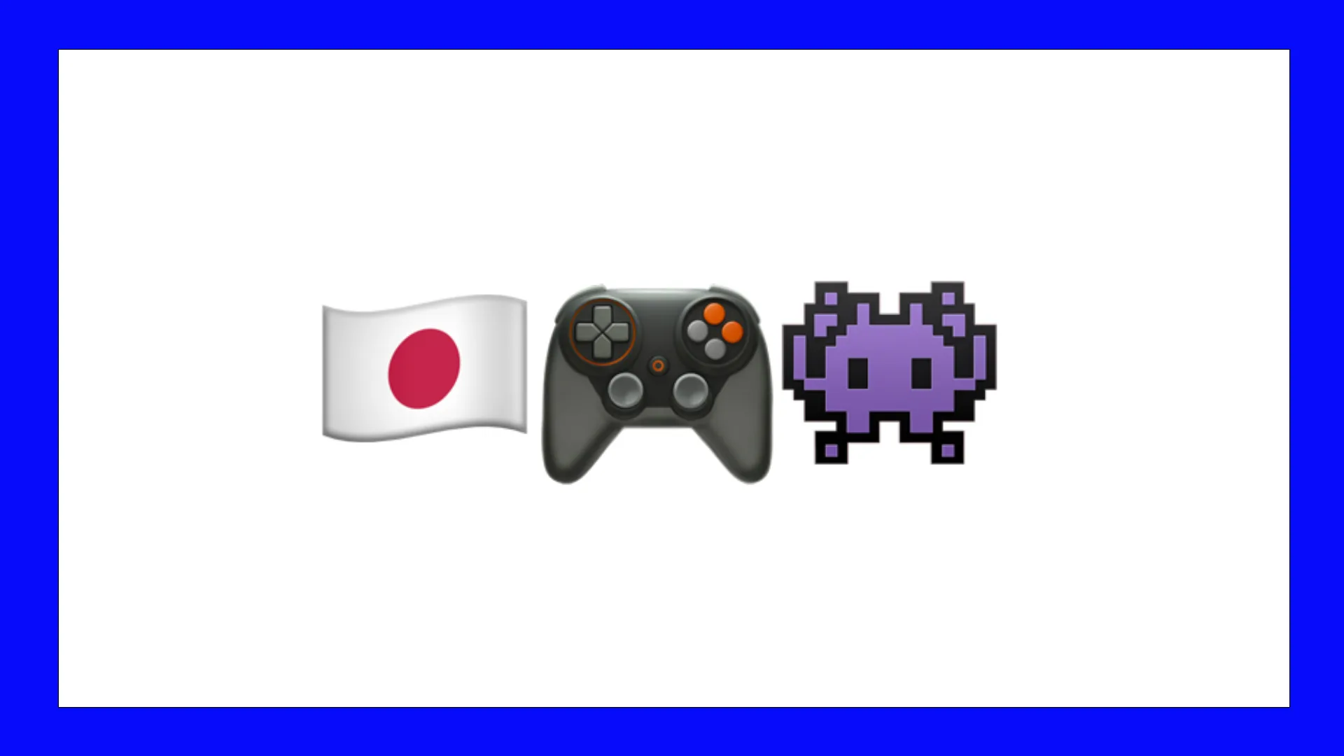 An image showing three emojis of a japanese flag, a console control and a space invader against a white background with a blue border.