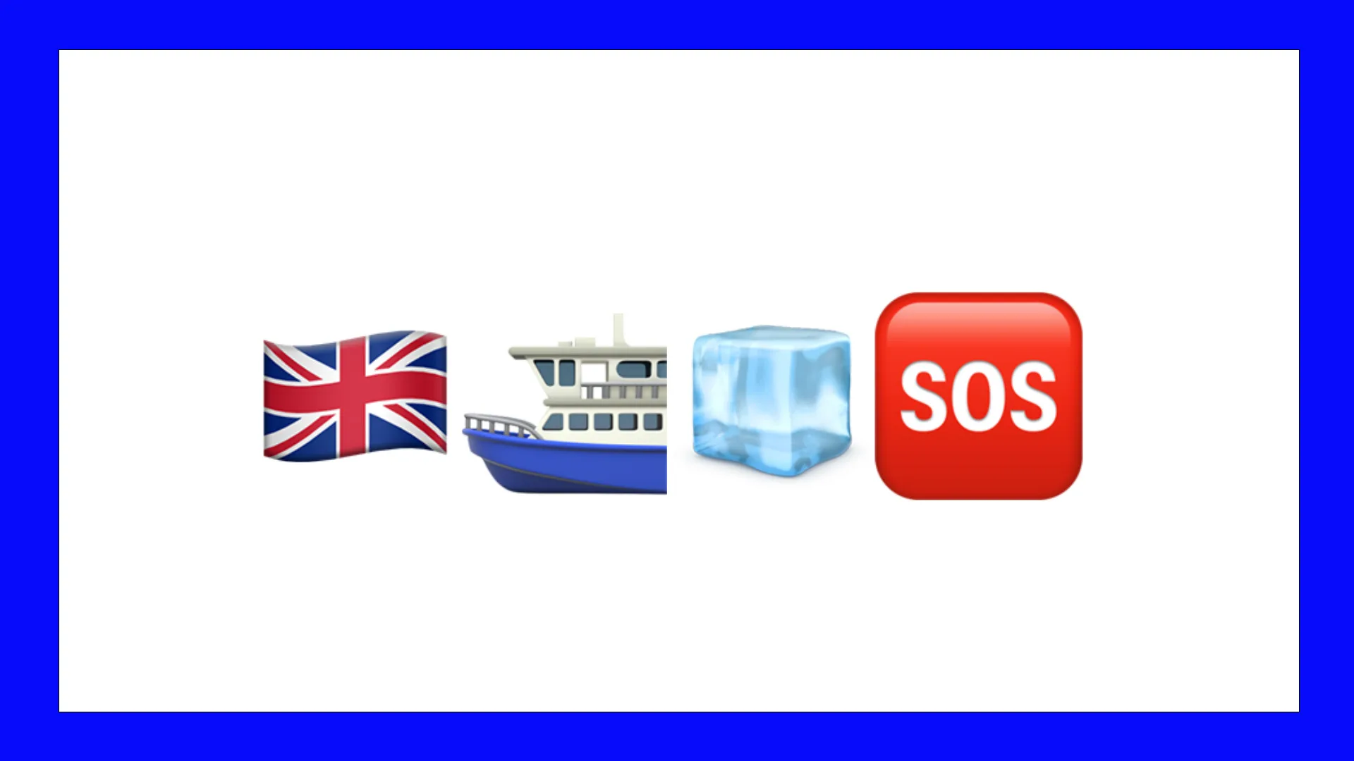 An image of four emojis showing a British flag, a ship, an icecube and SOS signal against a white background with a blue border.