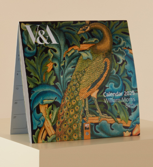 Arts & Crafts 2025 calendar. The cover features a pattern by William Morris with a peacock and blue and green acanthus leaves.